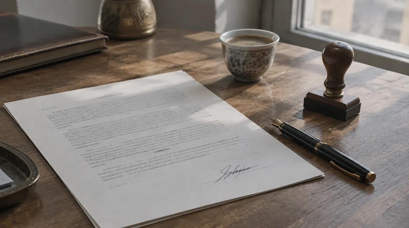 A signed agreement, a pen and a stamp on a desk