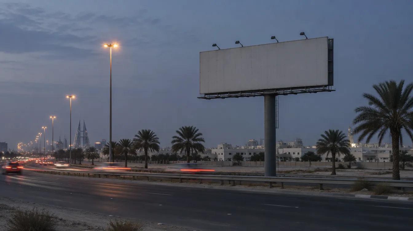 A blank billboard beside a Bahrain highway at dusk