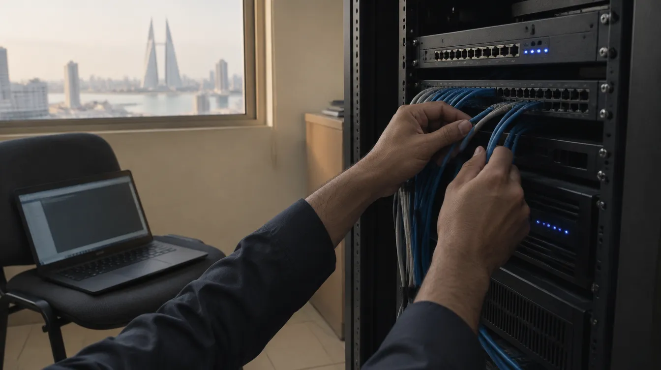 A technician's hands cabling a server rack in a Manama office