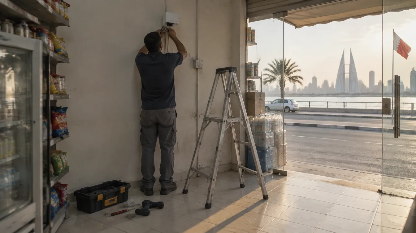 A technician installing equipment in a Manama shop